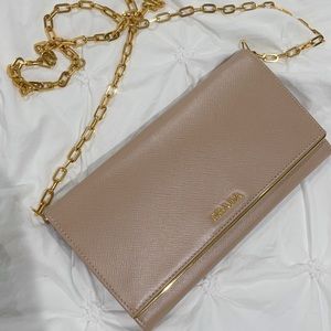 100% authentic nude beige Prada saffiano woc wallet on chain gold hardware